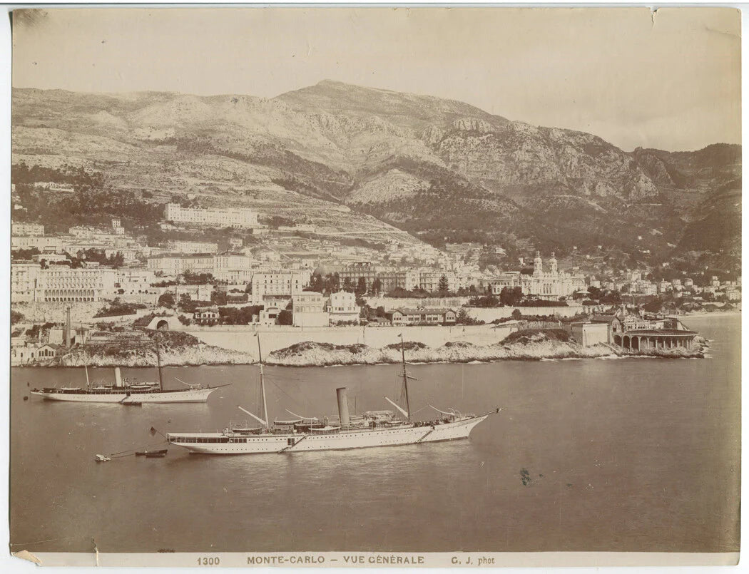 MONTE-CARLO WITH STEAM/SAIL BOATS OFF COAST. 8 X 10.5 INCH ALBUMEN CIRCA 1890.