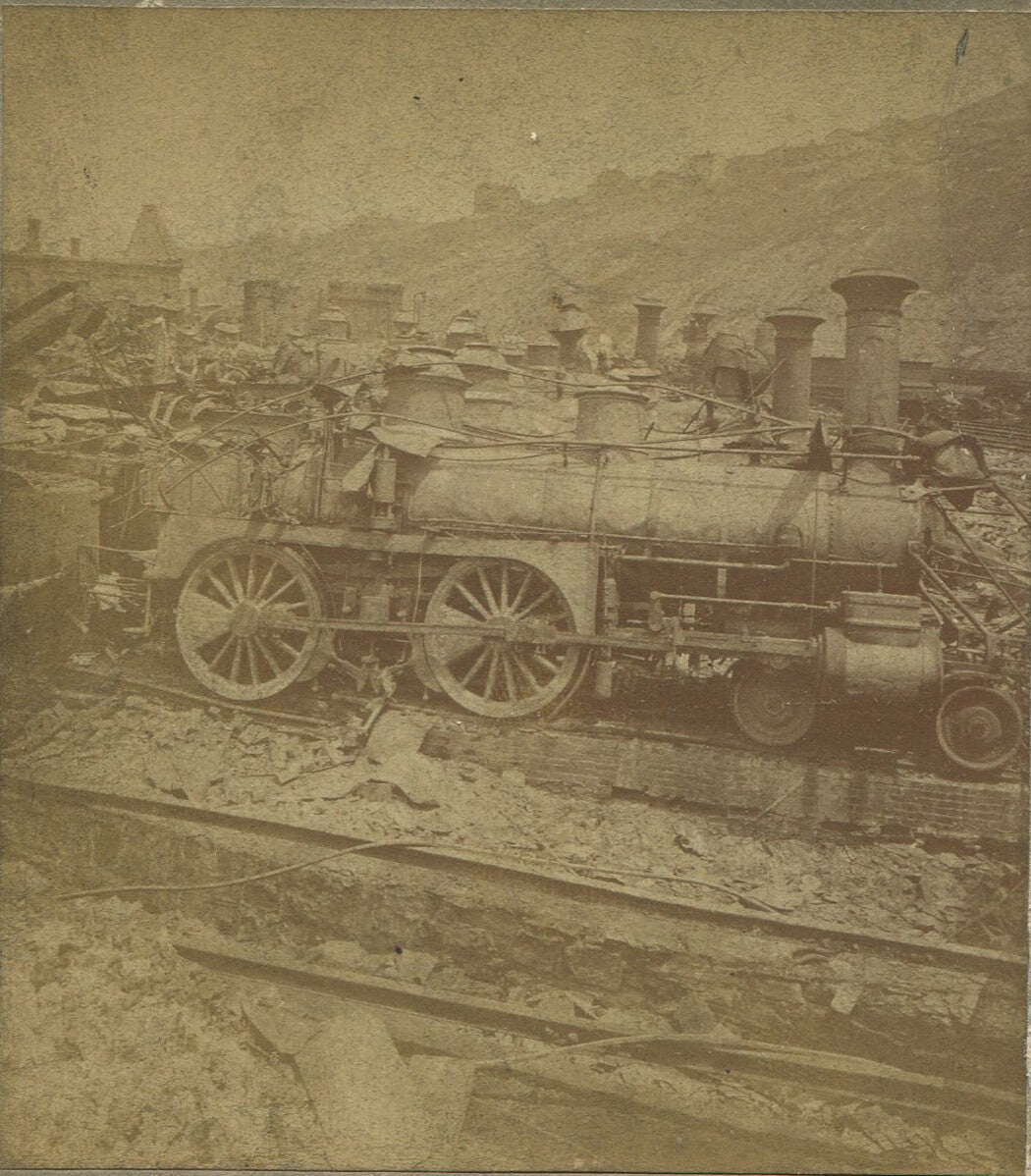 PITTSBURGH RAILROAD WAR. LOCOMOTIVE, 1877. STEREOVIEW.