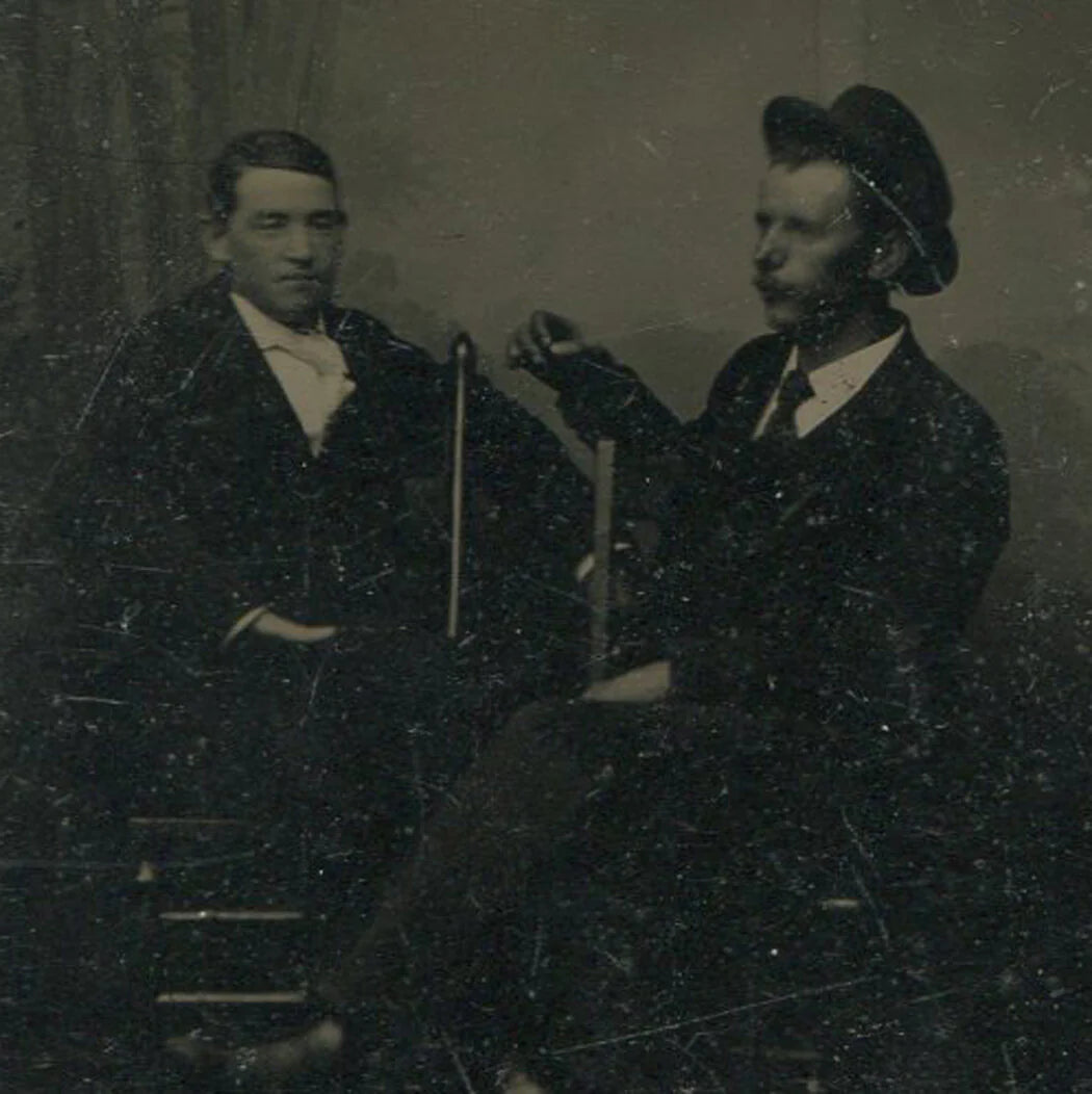 MEN HOLDING VIOLIN BOW AND CONDUCTOR BATON. TINTYPE. RARE.