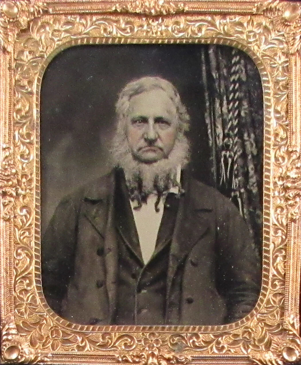 OLD MAN W/BRAIDS LONG CHIN BEARD. 6TH PLATE TINTED AMBROTYPE, HALF CASE.