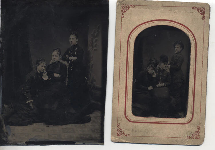 SET OF TWO LARGE TINTYPES OF TWO DIFFERENT SETS OF SISTERS IN SIMILAR POSES