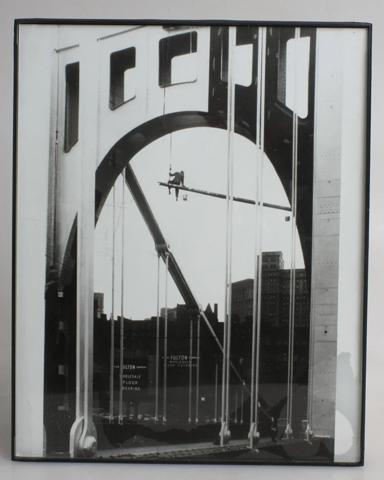 8X10 FRAMED PHOTO OF WORKER ON SCAFFOLDING ON PITTSBURGH SISTER BRIDGE