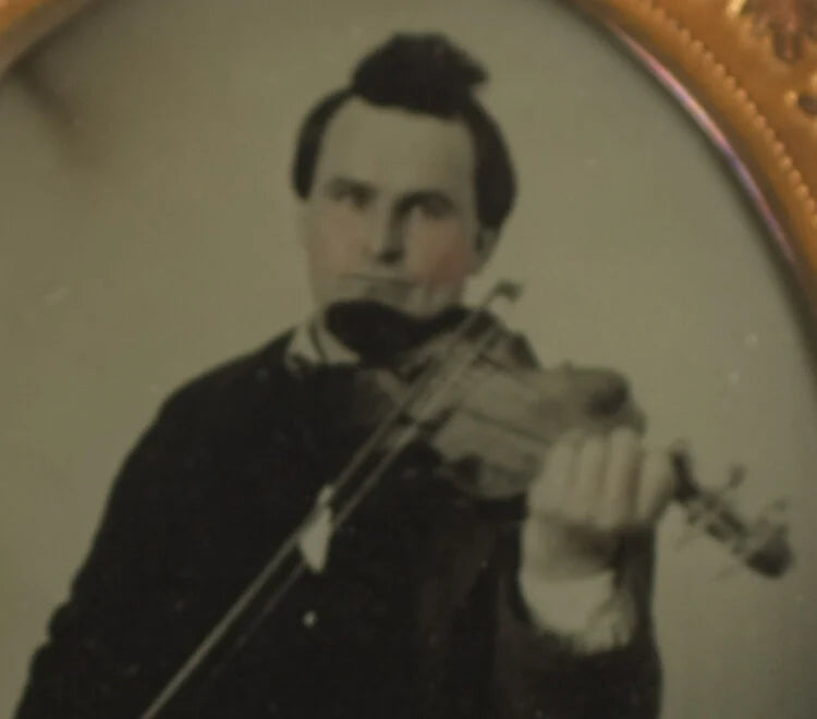 TINTED AMBROTYPE PORTRAIT OF VIOLINIST W/ CRAZY HAIR