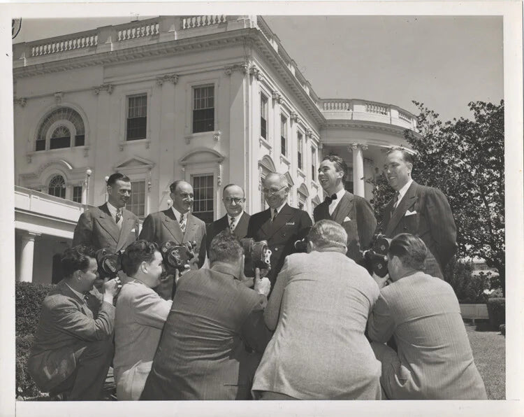 PRESIDENT TRUMAN AT WHITE HOUSE W/ VINTAGE NEWS CAMERAS