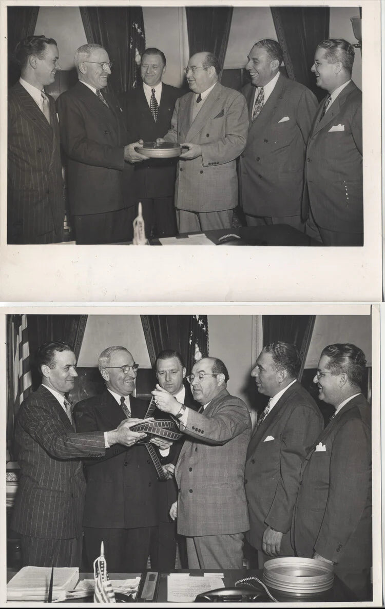 PRESIDENT TRUMAN IN THE OVAL OFFICE W/ VINTAGE MOVIE FILM REELS - SET OF 2