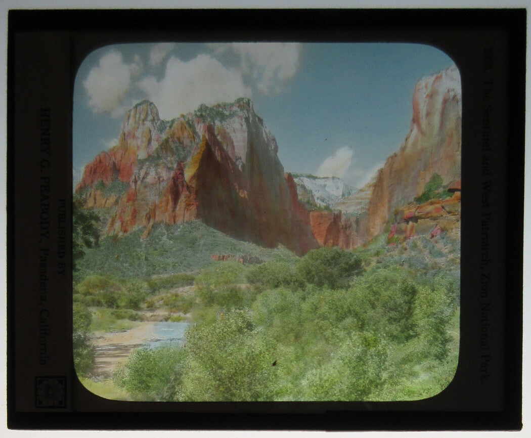SENTINEL, ZION NATIONAL PARK. PHOTO ON GLASS, HAND COLORED.