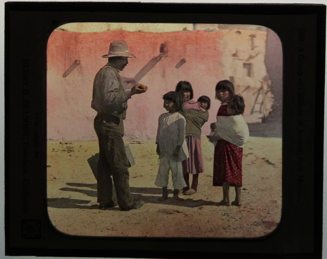 Vintage Father with Children Photo on Glass, Hand Colored - Acoma, New Mexico