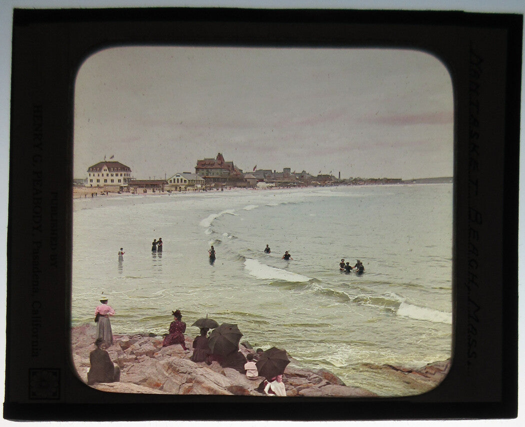 NANTASKET BEACH. MASS. PHOTO ON GLASS, HAND COLORED.