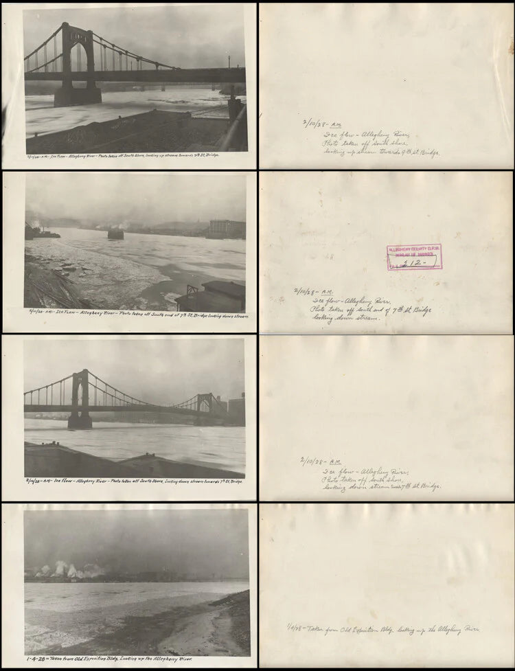 1928 PHOTOS OF PITTSBURGH ICY ALLEGHENY RIVER PICTURED W/ MANY BRIDGE - SET OF 8
