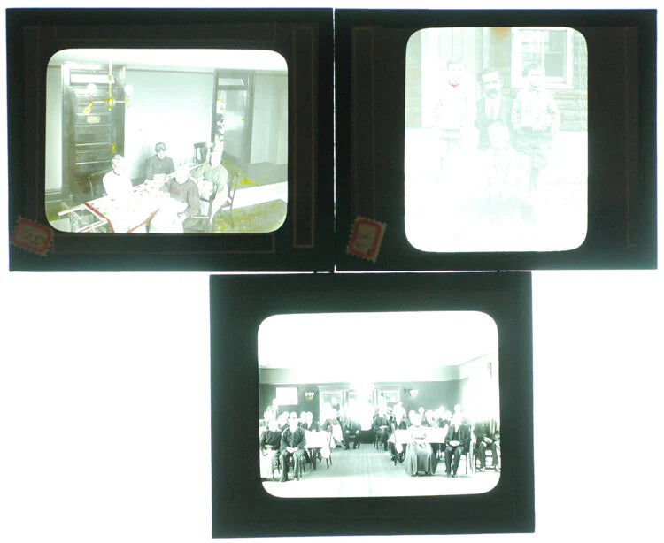 COLOR PHOTOS ON GLASS OF OLDER PEOPLE , QUILTING, AND MAN W/ CHILDREN - SET OF 3