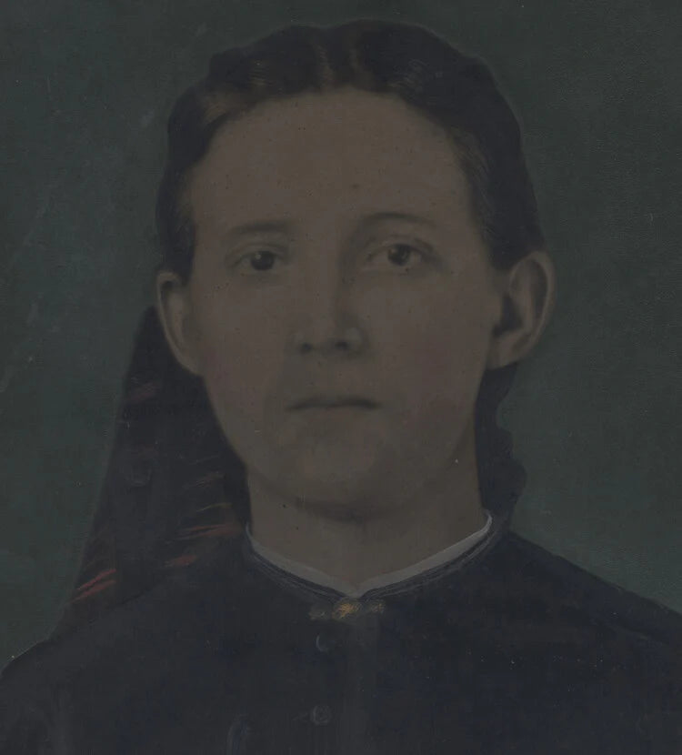 8X10 TINTYPE PORTRAIT OF SULLEN WOMAN W/ PAINTED DETAILS