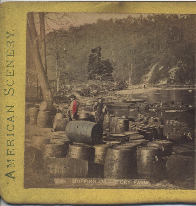 COLOR STEREOVIEW OF MEN SHIPPING OIL BARRELS ON A RIVER