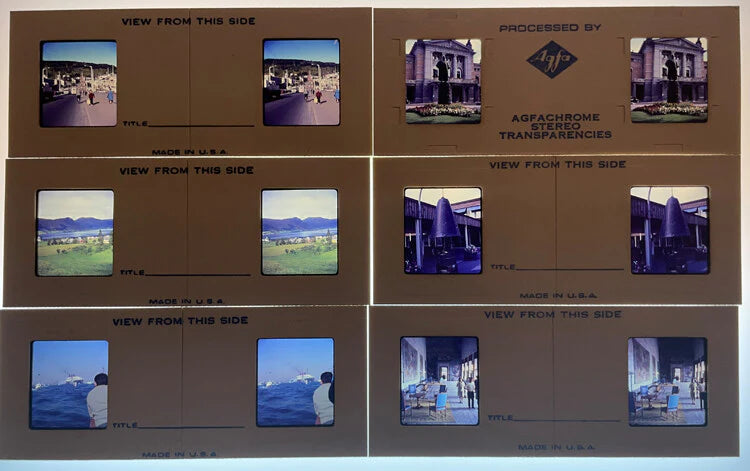 AGFACHROME STEREO SLIDES OF 1950S VACATION SCENES - SET OF 95 IN BOXES