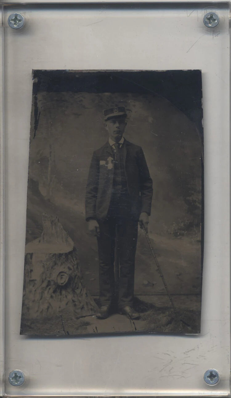 TINTYPE OF FIREMAN STEAM ENGINE CONDUCTOR IN UNIFORM W/ POKING STICK, RARE