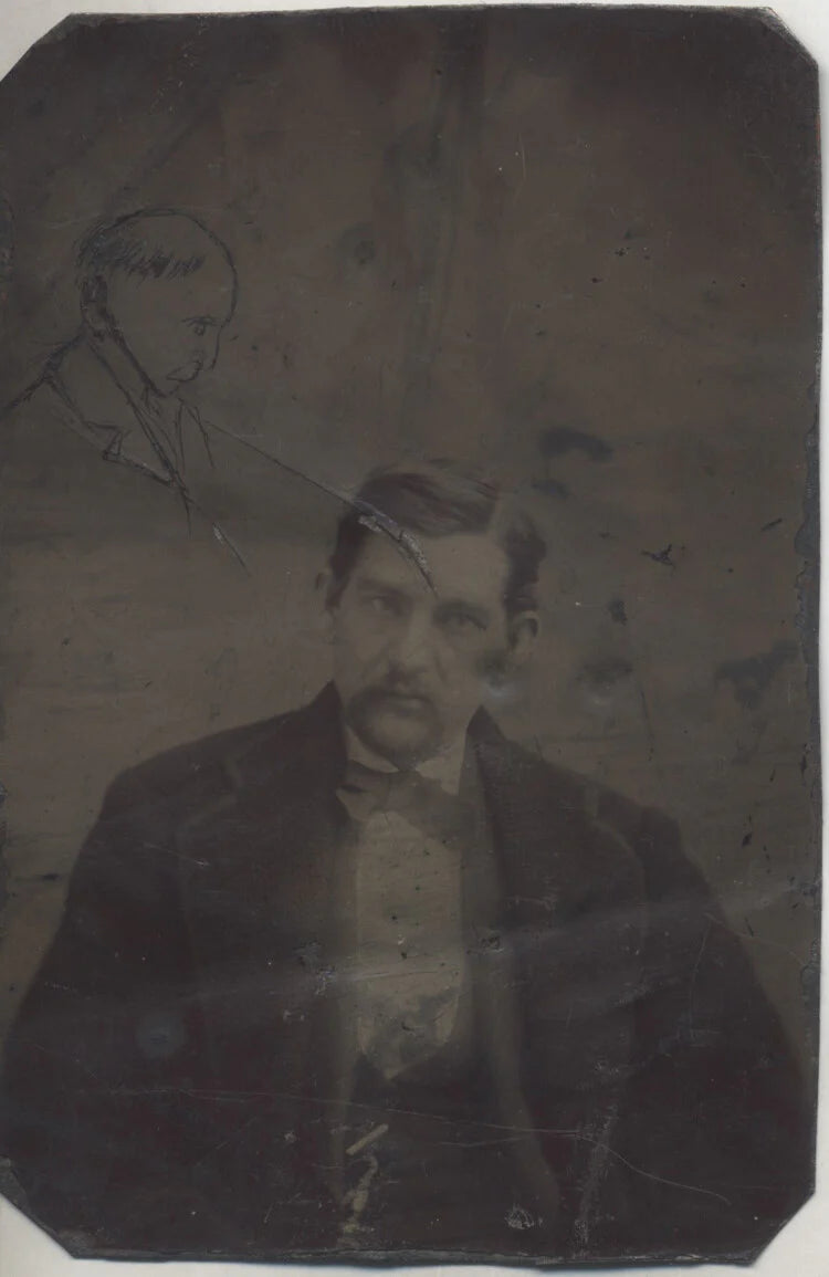 UNUSUAL PORTRAIT OF MAN W/ STRANGE SPIRIT SKETCH ABOVE HIM