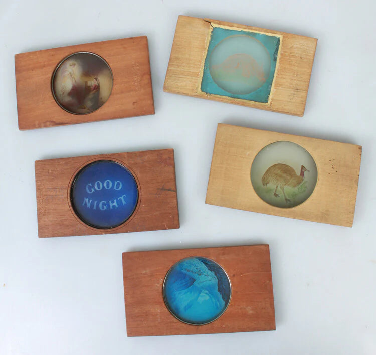 MAGIC LANTERN SLIDES ON WOOD OF PAINTINGS - SET OF FIVE