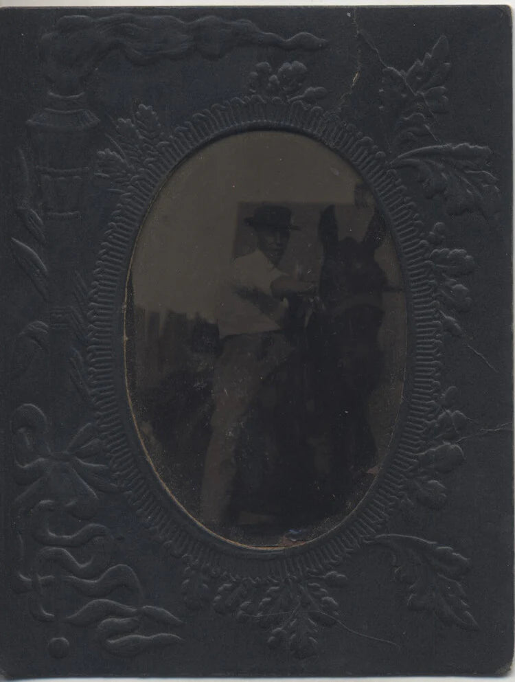 TINTYPE PORTRAIT OF YOUNG MAN IN HAT RIDING HORSE