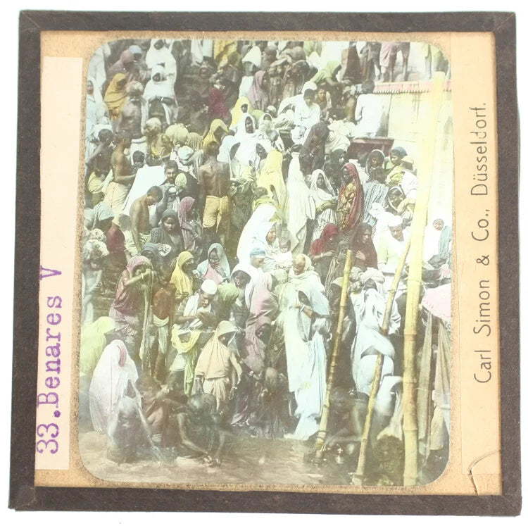 COLOR PHOTO ON GLASS OF CROWDED SOUTH ASIAN SCENE