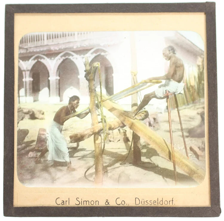 COLOR PHOTO ON GLASS OF INDIA MEN WORKING WITH MASSIVE SAW