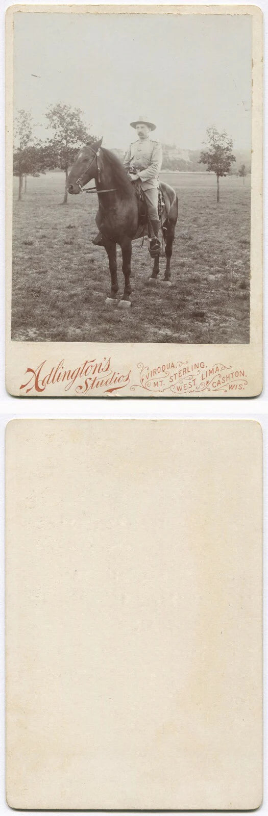 U.S. MILITARY SOLDIER ON HORSEBACK. CABINET CARD. VIROQUA, WIS.