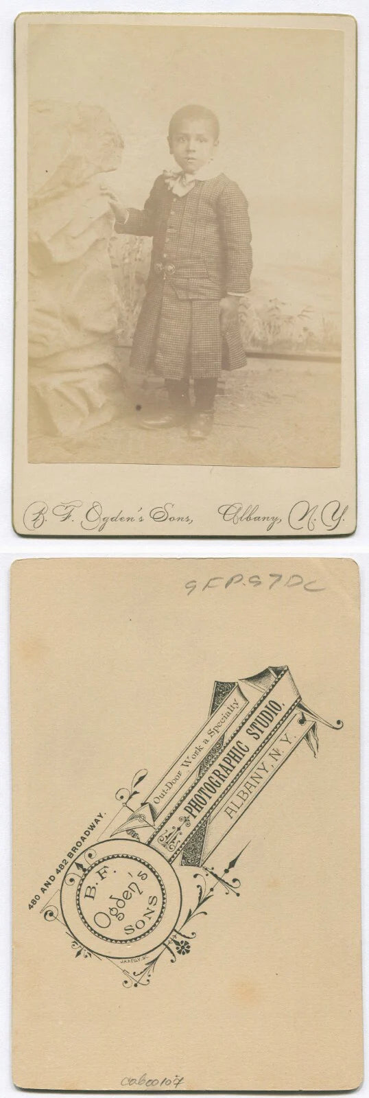 AFRICAN AMERICAN CHILD IN CHECKED OUTFIT W/BOW TIE. CABINET CARD. ALBANY, N.Y.