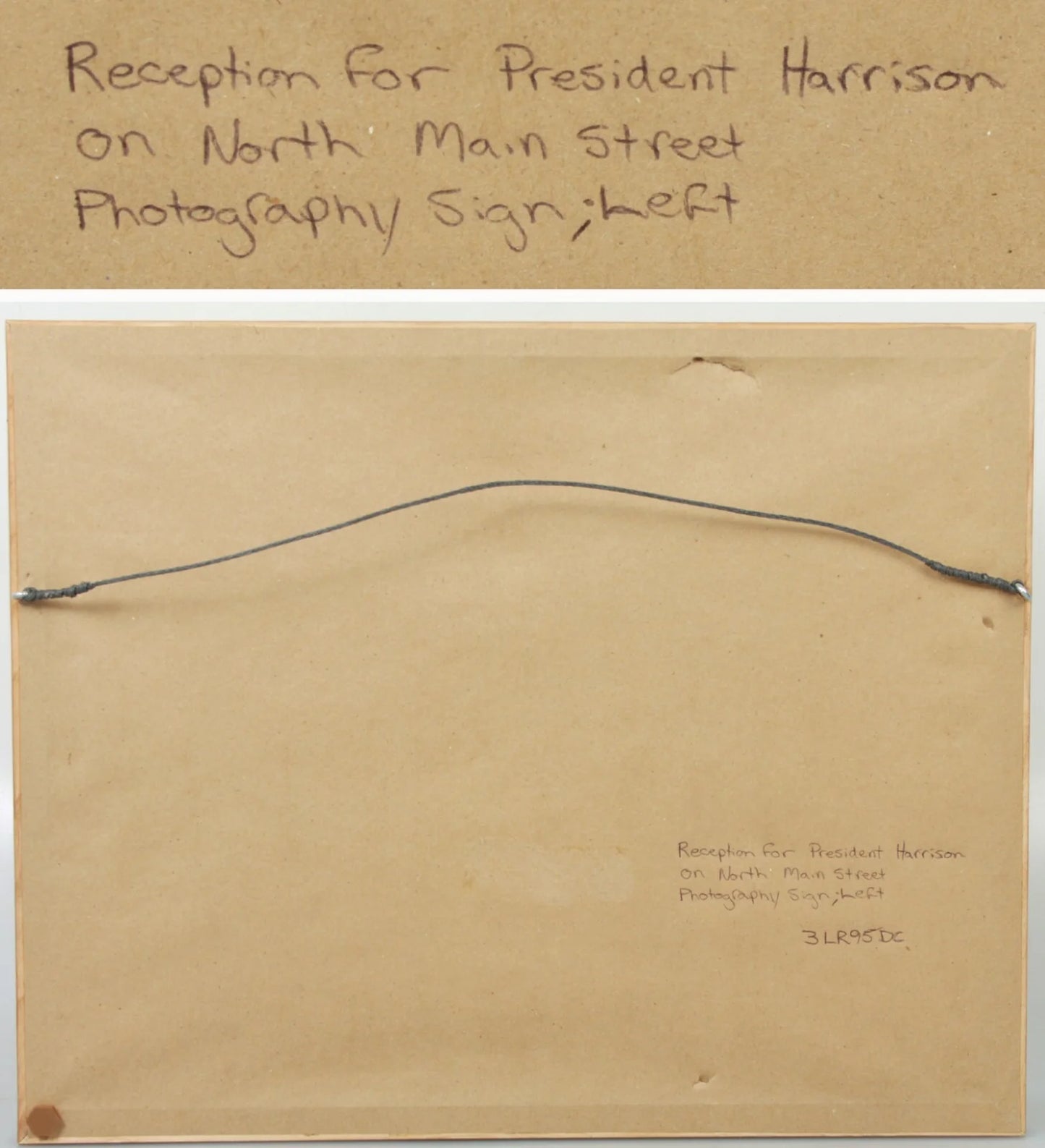 RECEPTION PRESIDENT HARRISON. 4.5X8 INCH ALBUMEN 11X14 FRAME PHOTOGRAPHER SIGN