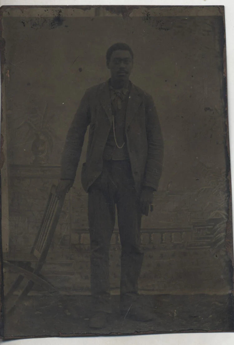 TINTYPE PORTRAIT OF YOUNG AFRICAN-AMERICAN MAN W/ POCKET WATCH