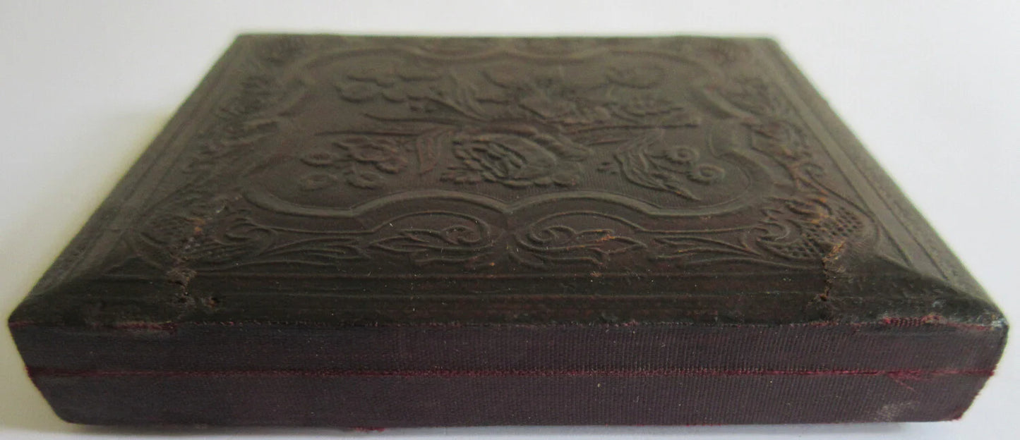 MAN, PIERCING EYES, PAINTED BACKGROUND. 6TH PLATE DAGUERREOTYPE, FULL CASE.