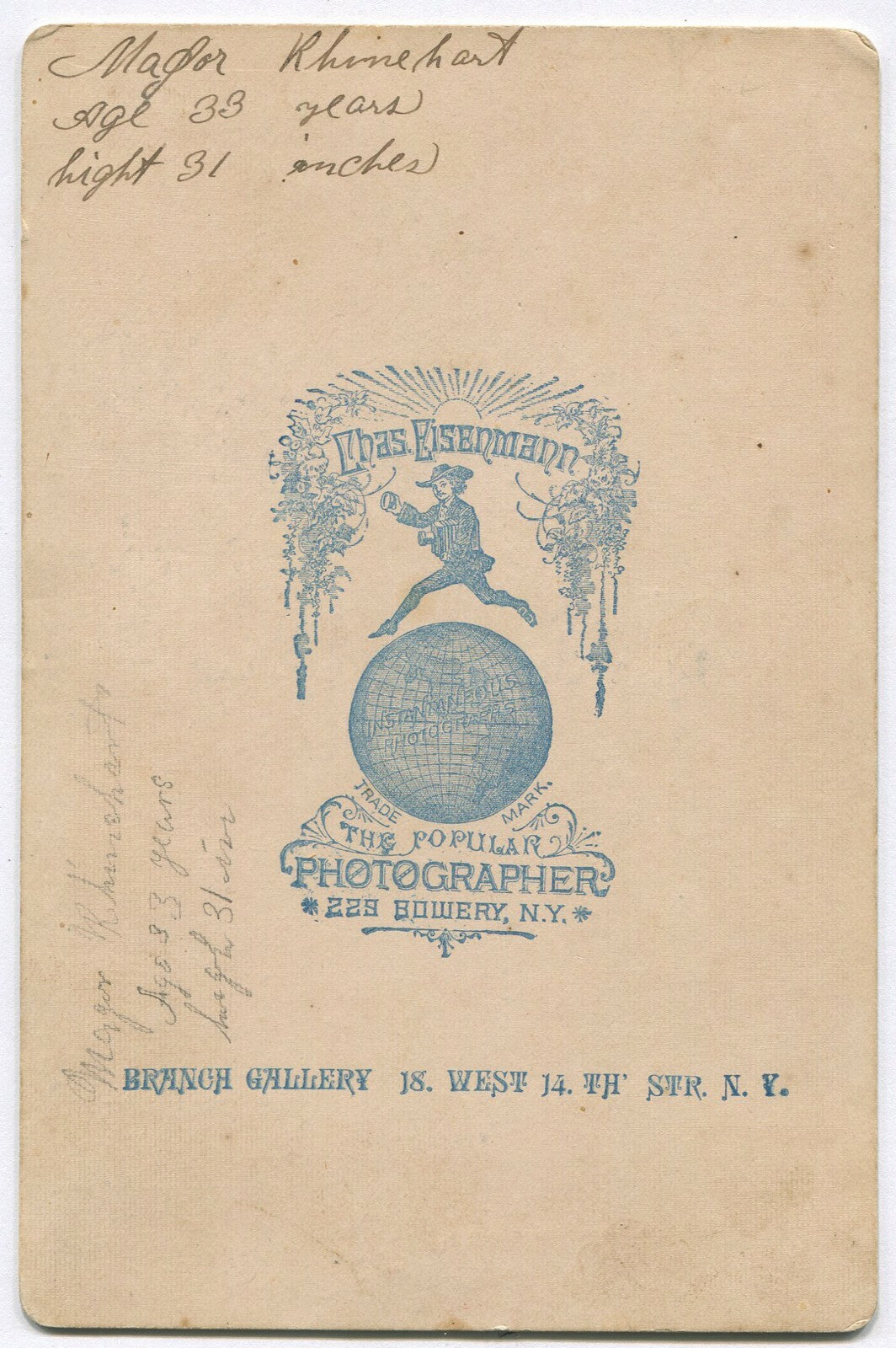 MAJOR RHINEHART, LITTLE PERSON. CABINET CARD. N.Y.