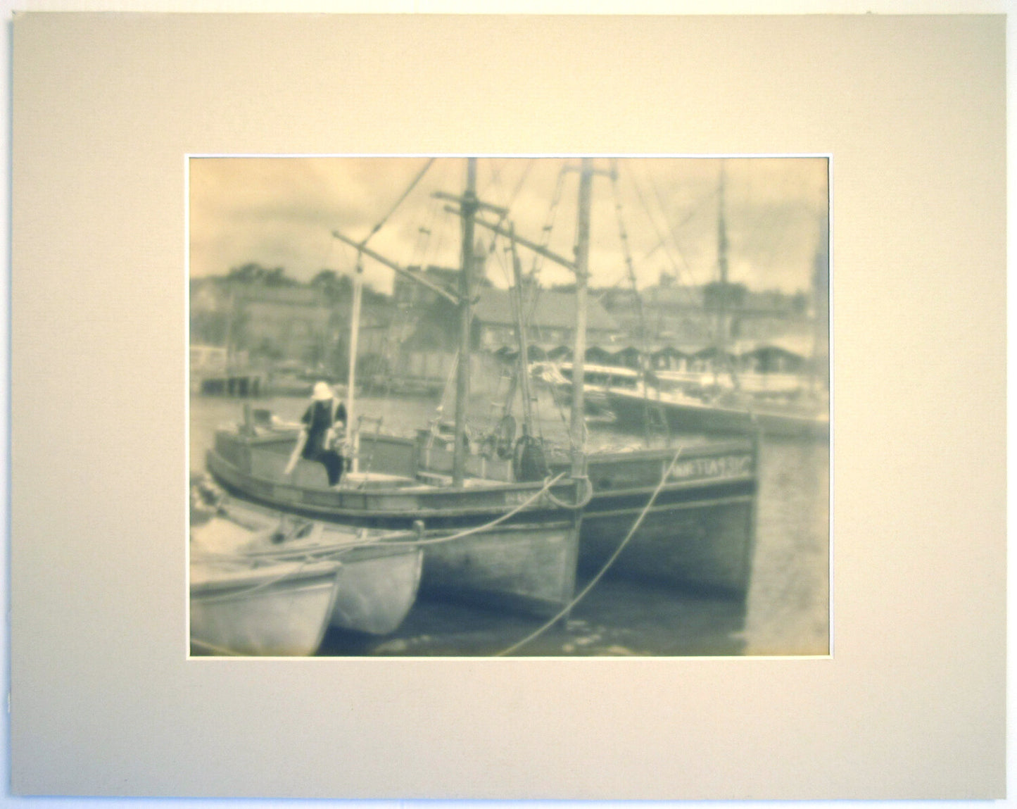 SAIL BOATS IN HARBOR. PICTORIALIST 8X10 SILVER PRINT IN 11X14 INCH ARCHIVAL MAT.