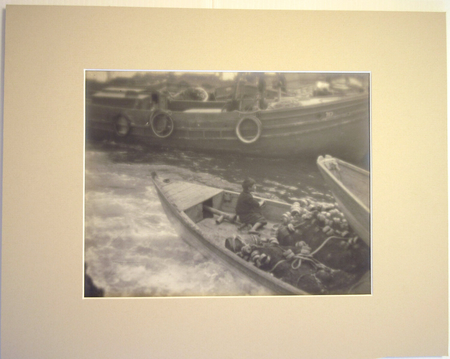 FISHING BOAT IN HARBOR. PICTORIALIST 8X10 SILVER PRINT IN 11X14 INCH ARCHIVAL MA