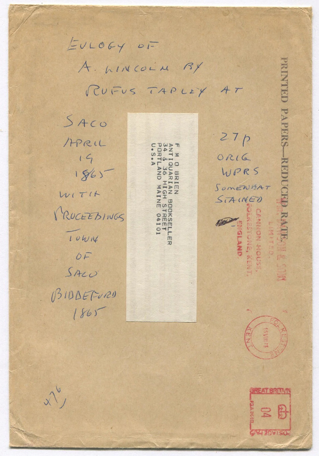EULOGY OF LINCOLN BY RUFUS TAPLEY, 1865. SACO, MAIN. 29 PAGES.