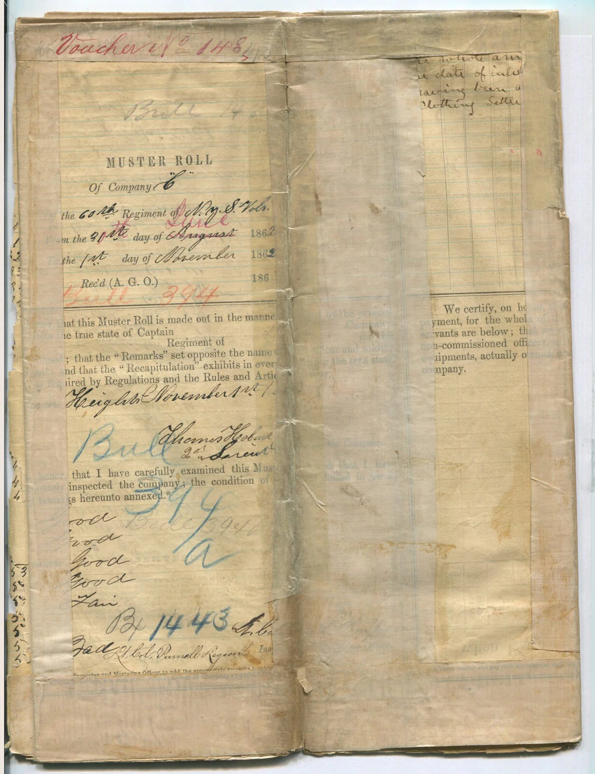 CIVIL WAR MUSTER ROLL COMPANY G, 60TH N.Y.S. VOL. AUG-NOV 1862.