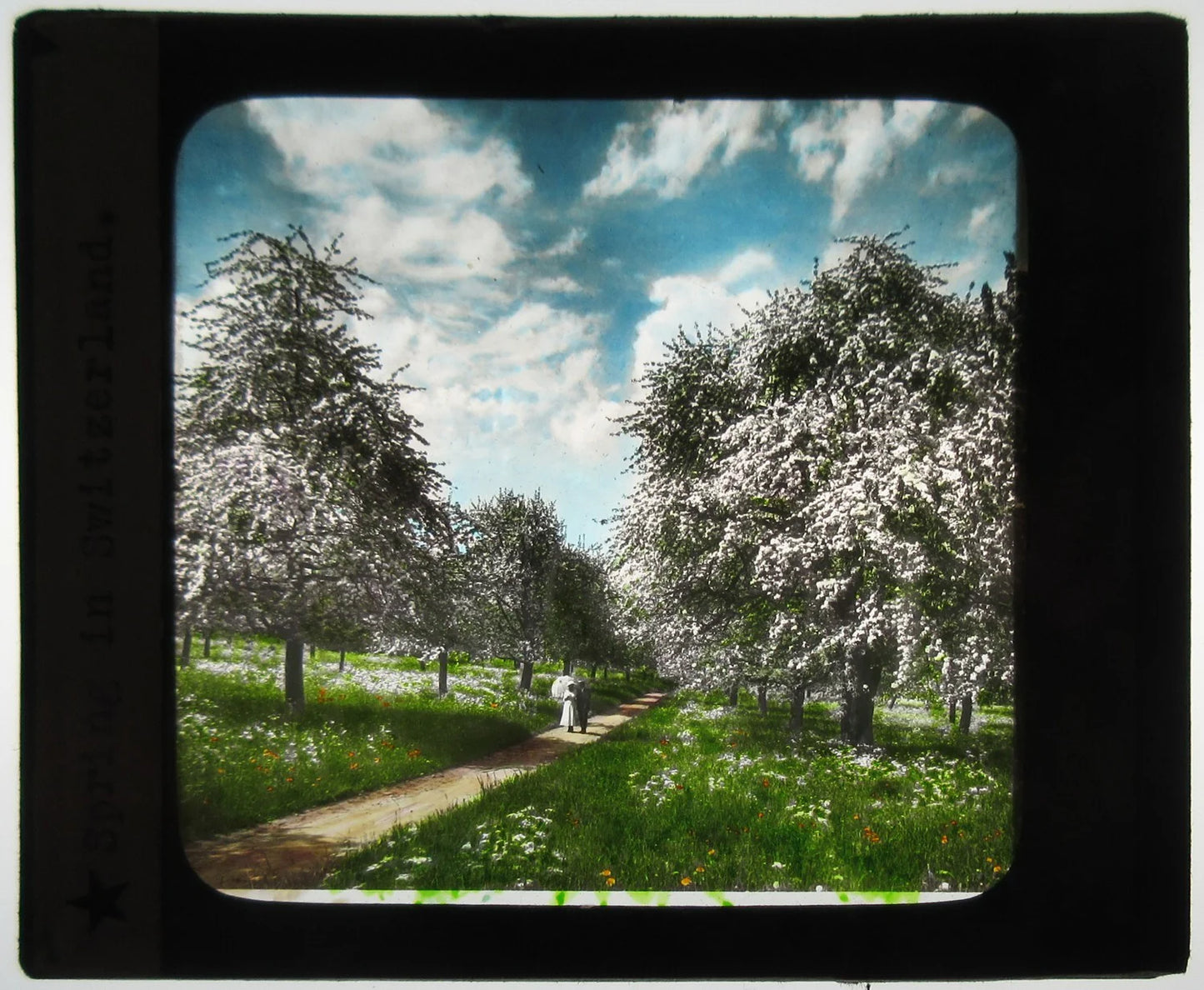 SWITZERLAND IN SPRING. EXQUISITE HAND COLORED PHOTO ON GLASS, LANTERN SLIDE.