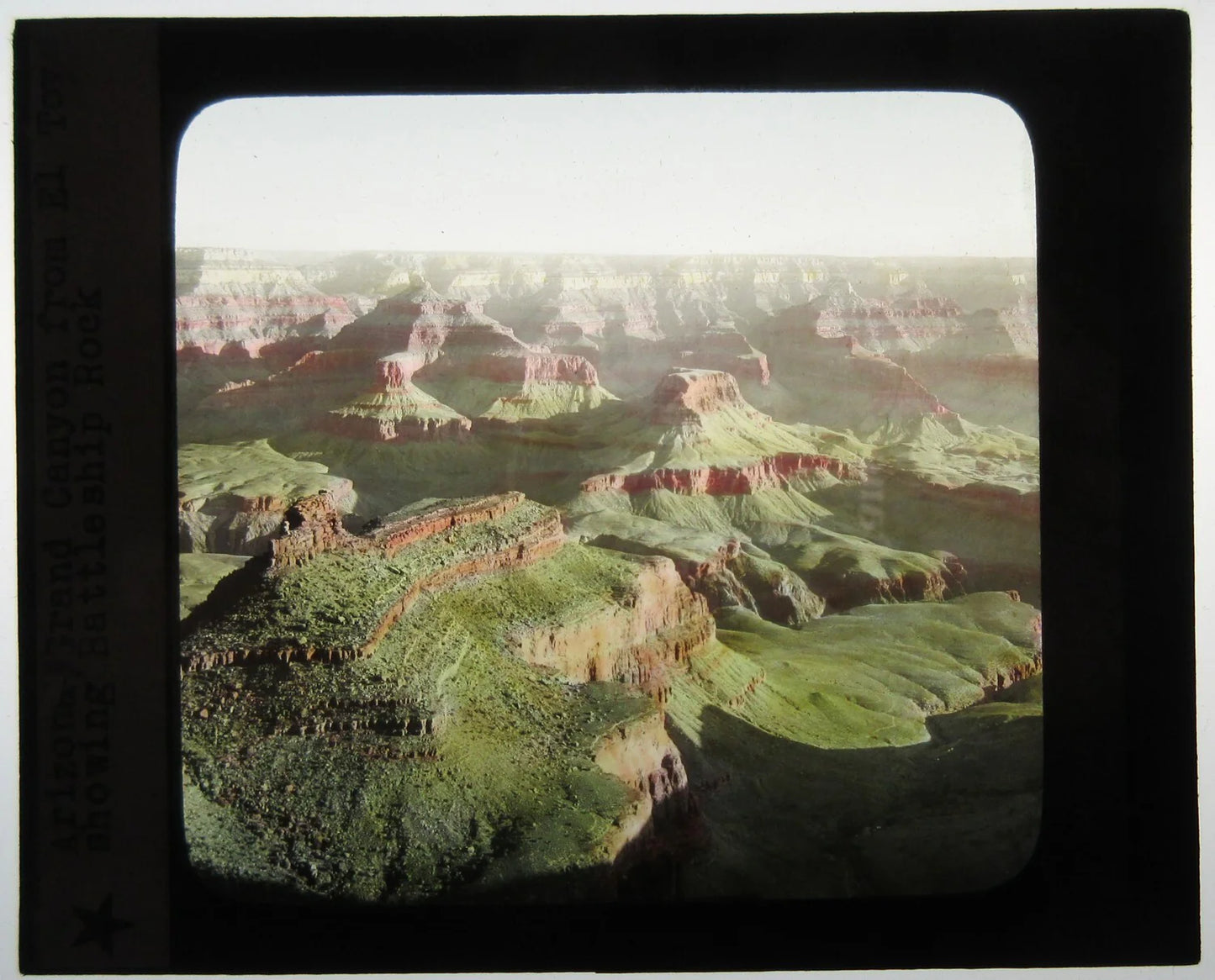 BATTLESHIP ROCK GRAND CANYON, ARIZONA. HAND COLORED PHOTO ON GLASS.