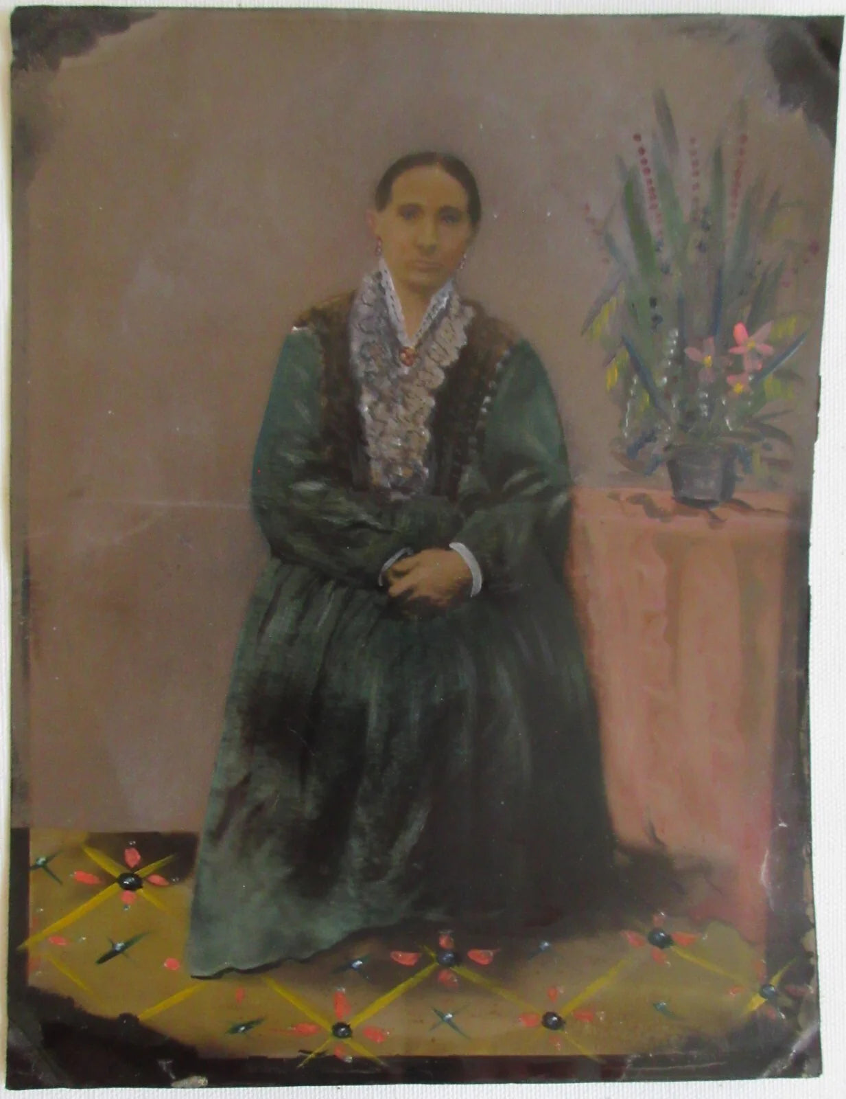 WOMAN, SEATED POSE. FULL PLATE HAND TINTED TINTYPE. MUSEUM QUALITY. 8.25X6.5 IN.