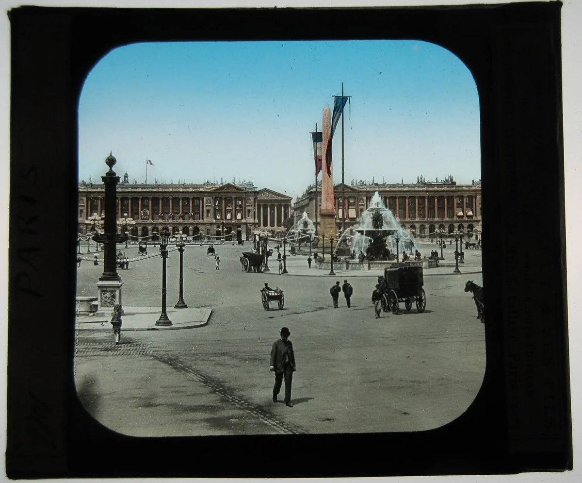 PUBLIC SQUARE. PARIS, FRANCE. HAND COLORED PHOTO ON GLASS.