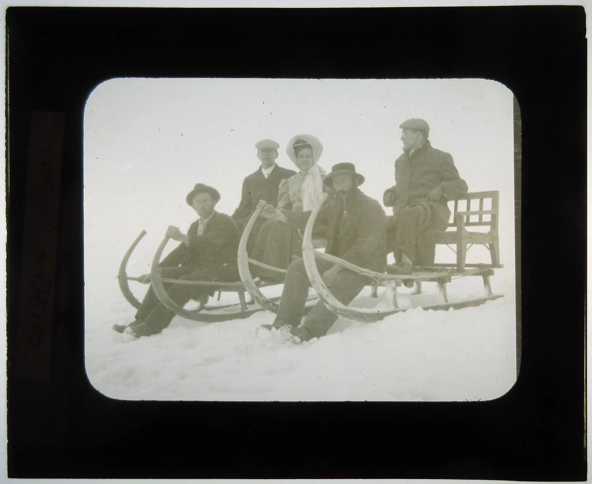 WINTER SLED TRAVEL, SWITZERLAND. PHOTO ON GLASS.
