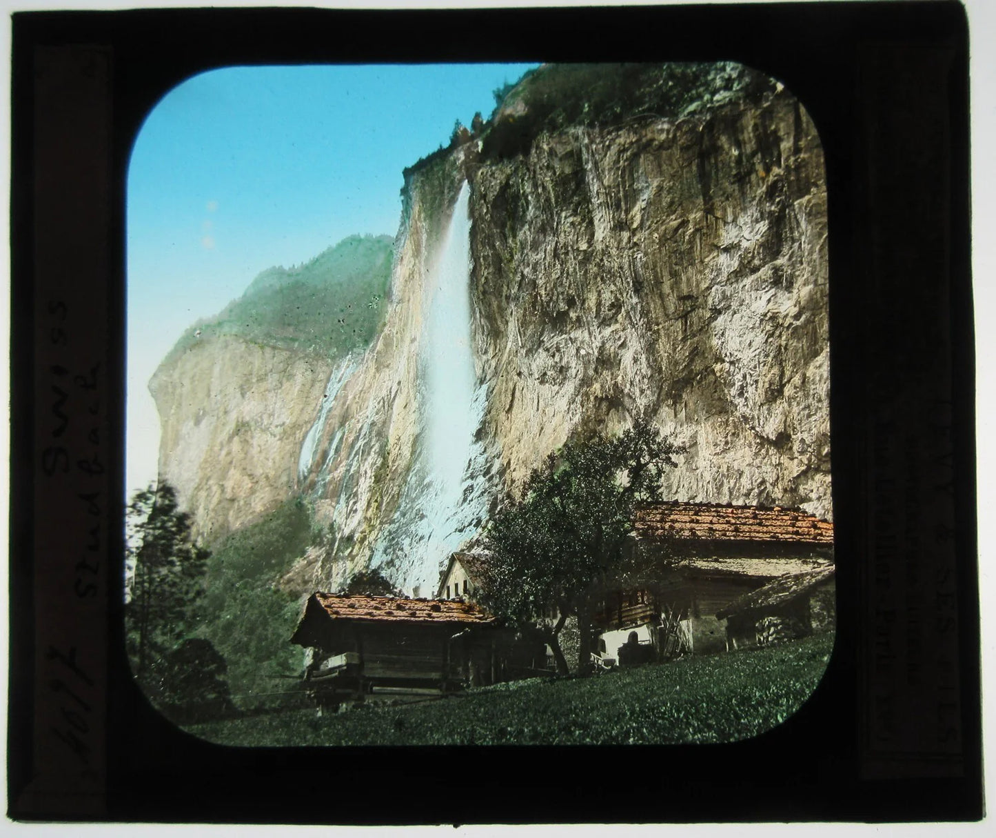 WATERFALL. STAUBBACH, SWITZERLAND. HAND COLORED PHOTO ON GLASS.