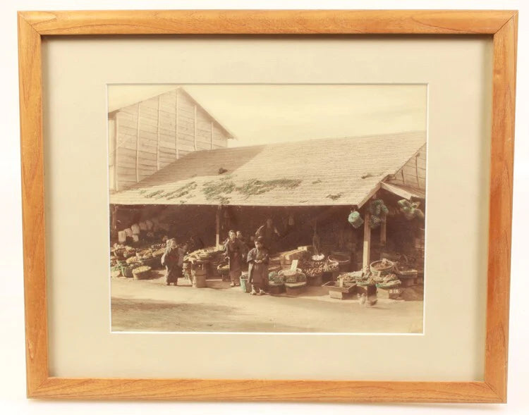 JAPANESE FRUIT MARKETPLACE W/ LARGE FAMILY - HANDTINTED ALBUMEN, FRAMED