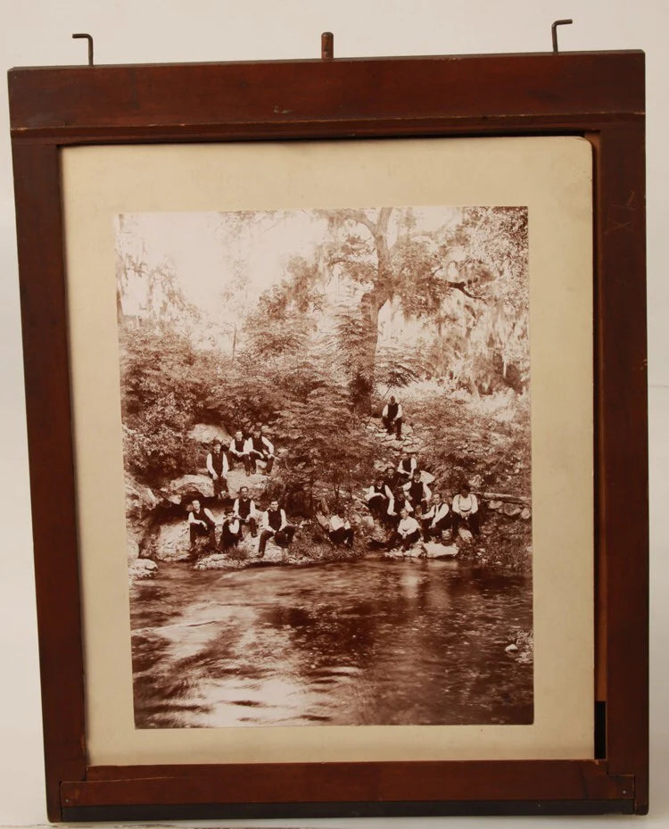 8X10 PHOTO OF WELL-DRESSED HUNTING PARTY ON RIVER W/ RIFLE - IN FILM HOLDER