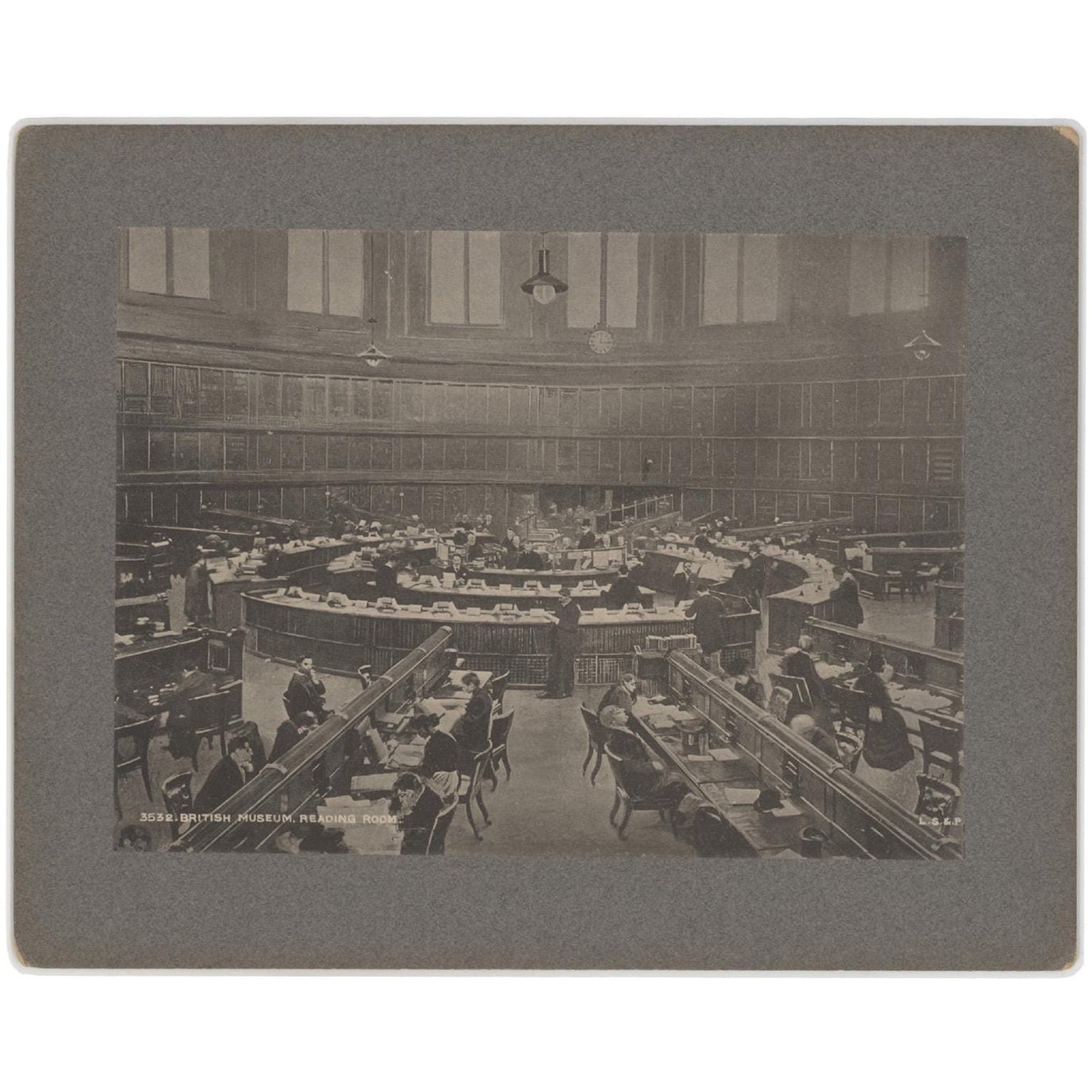 Antique 1887 British Museum Reading Room Photograph - Scholars & Books, London Library Scene, Mounted Albumen