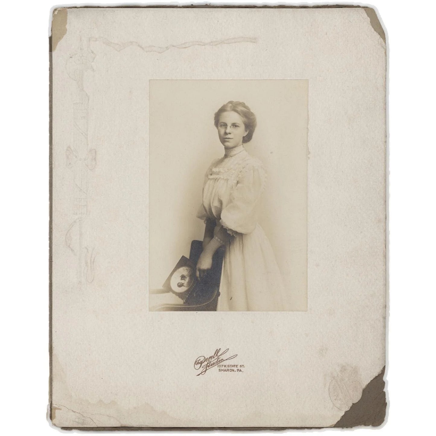 Antique Portrait of Young Woman w Glasses Holding Photo, Powell Studio Sharon PA, Mounted