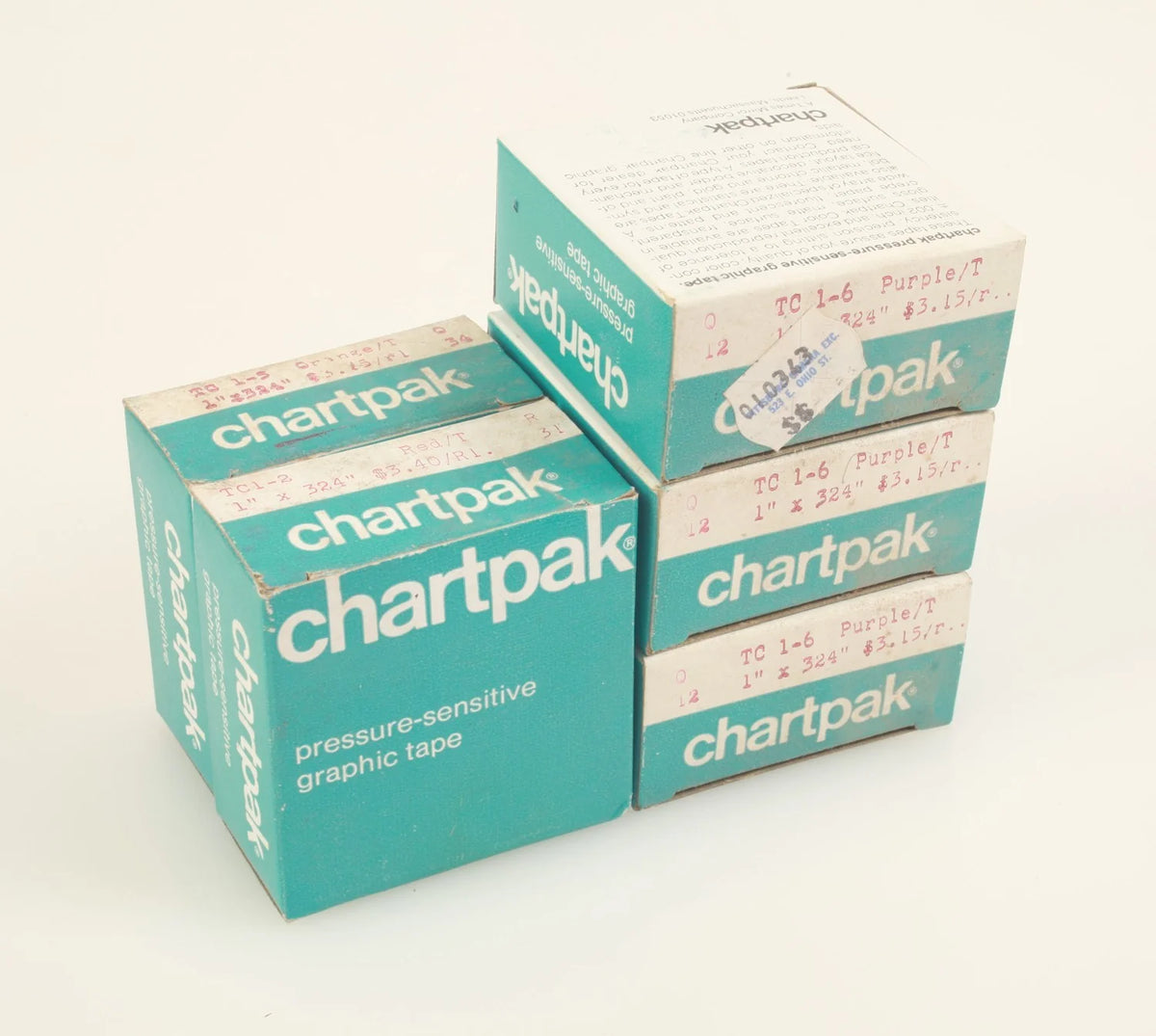 Lot of 5 Vintage Chartpak Pressure Sensitive Graphic Tape Purple/Orange/Red