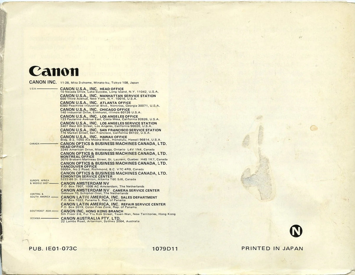 Original Manual for Canon AT-1 Camera
