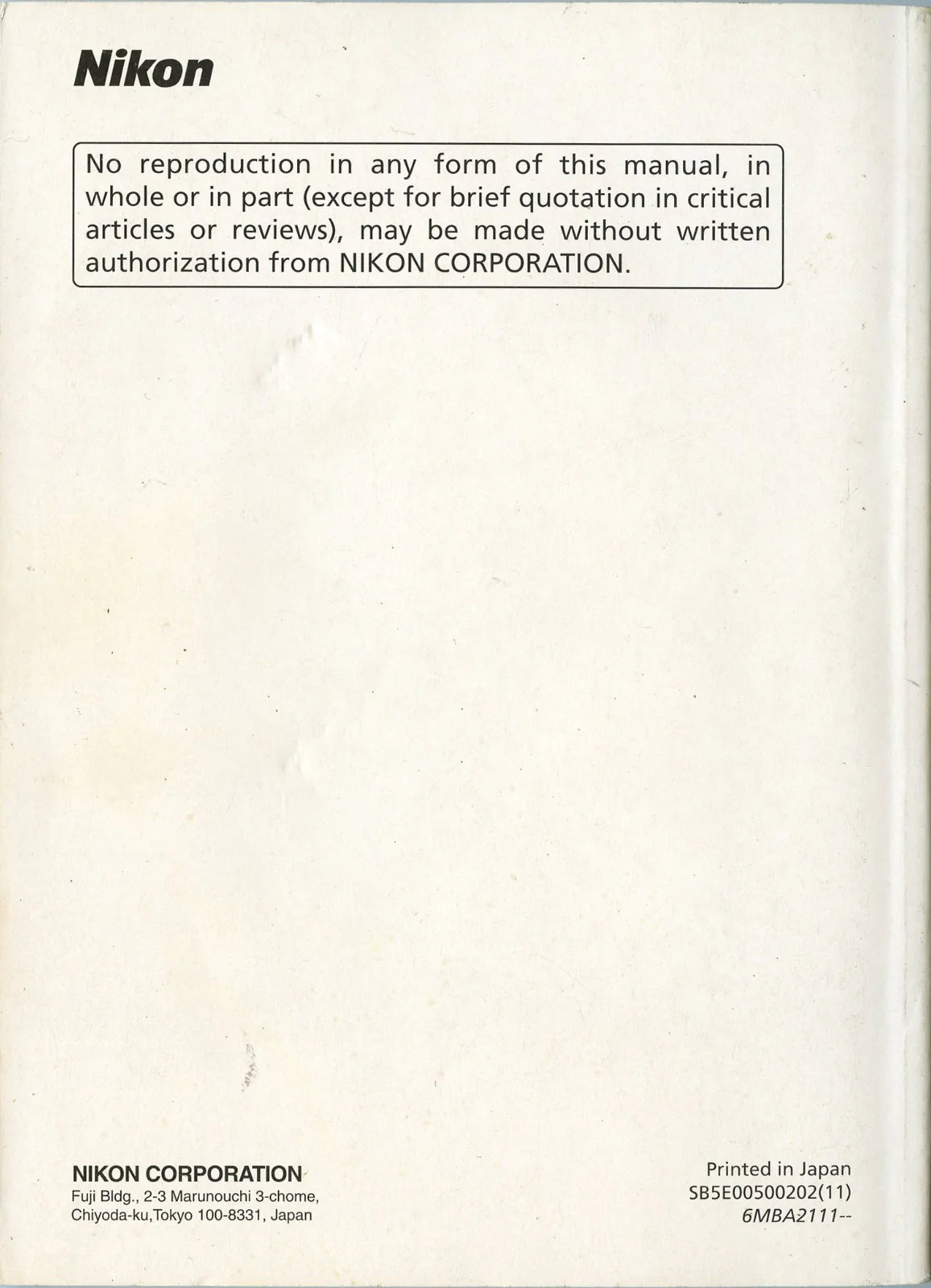 Original Manual for Nikon D2X Camera