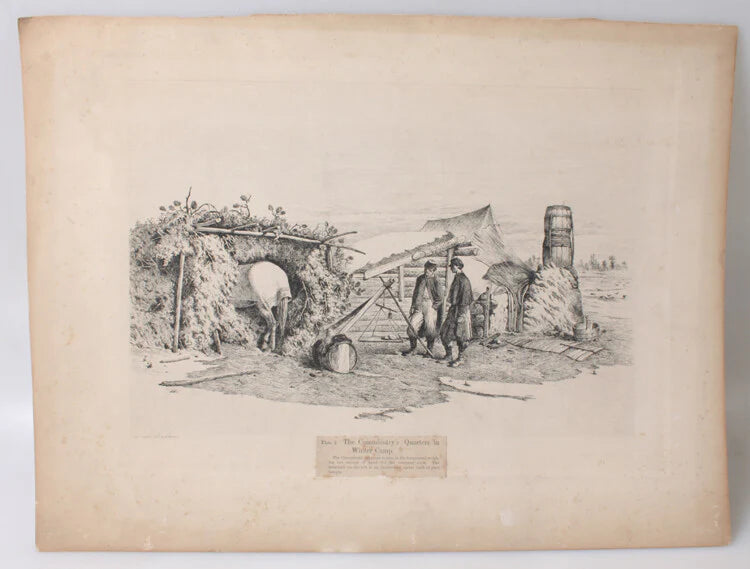 1876 16X22 ETCHING OF THE COMMISSARYS QUARTERS IN WINTER CAMP BY EDWIN FORBES