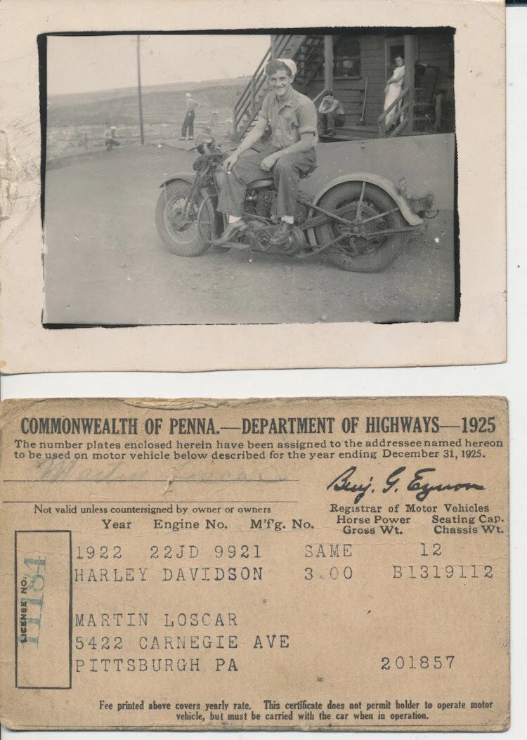1925 PA HARLEY DAVIDSON REGISTRATION PHOTO OF YOUNG MAN ON HARLEY DAVIDSON