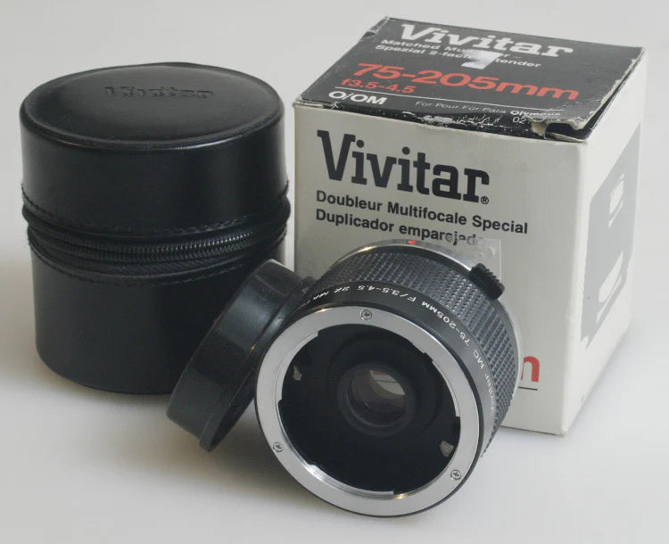 VIVITAR 75-205MM 2X MATCHED MULTIPLIER FOR OLYMPUS OM IN BOX AND CASE