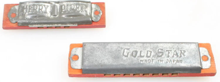 Vintage Merry Piper and Gold Star Toy Wood and Metal Harmonicas